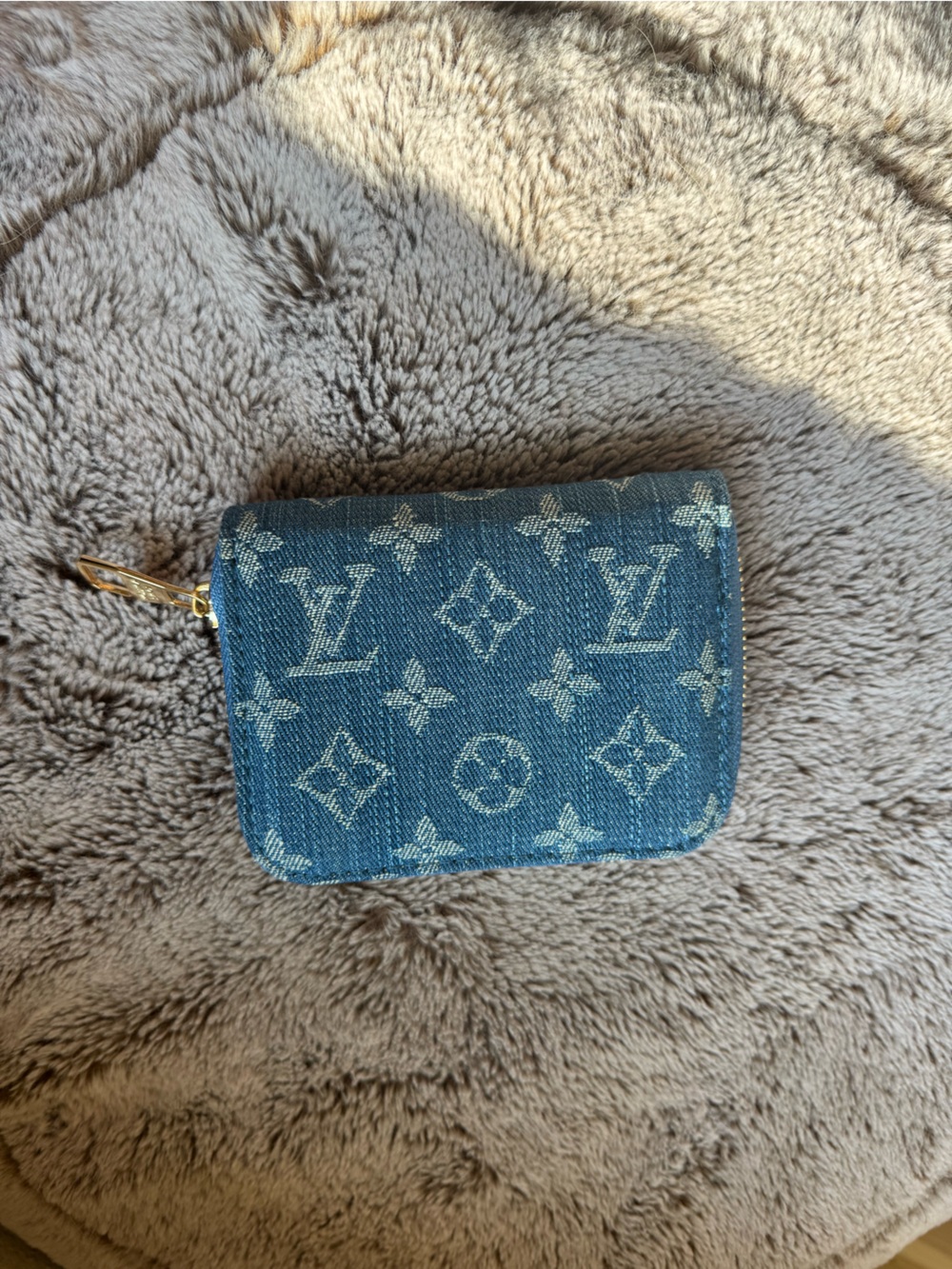 Denim Monogram Zip Card Pouch - Blue with Gold Hardware